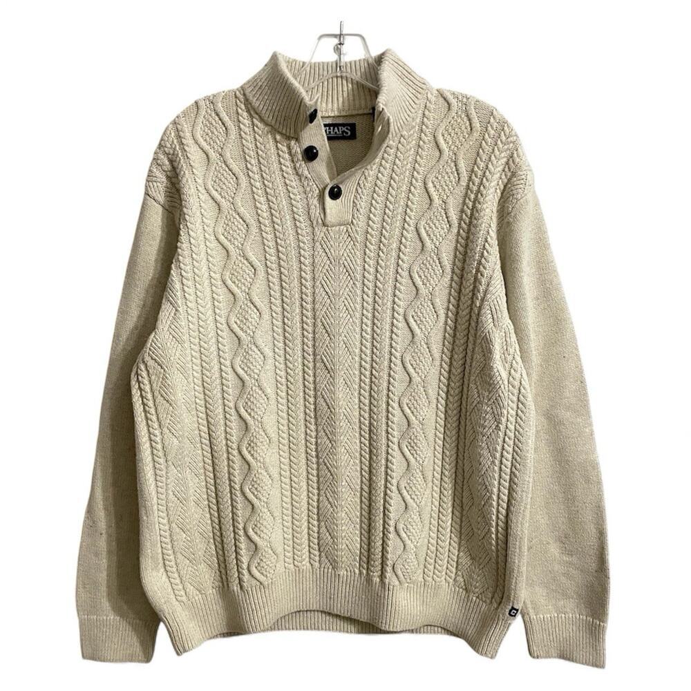 Chaps Fisherman Sweater Mens XL Beige Cotton Knit Button Pullover Ralph Lauren